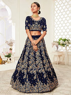 Tulsi Art Navy Blue Embroidered Velvet Wedding Lehenga Choli | Grocsy