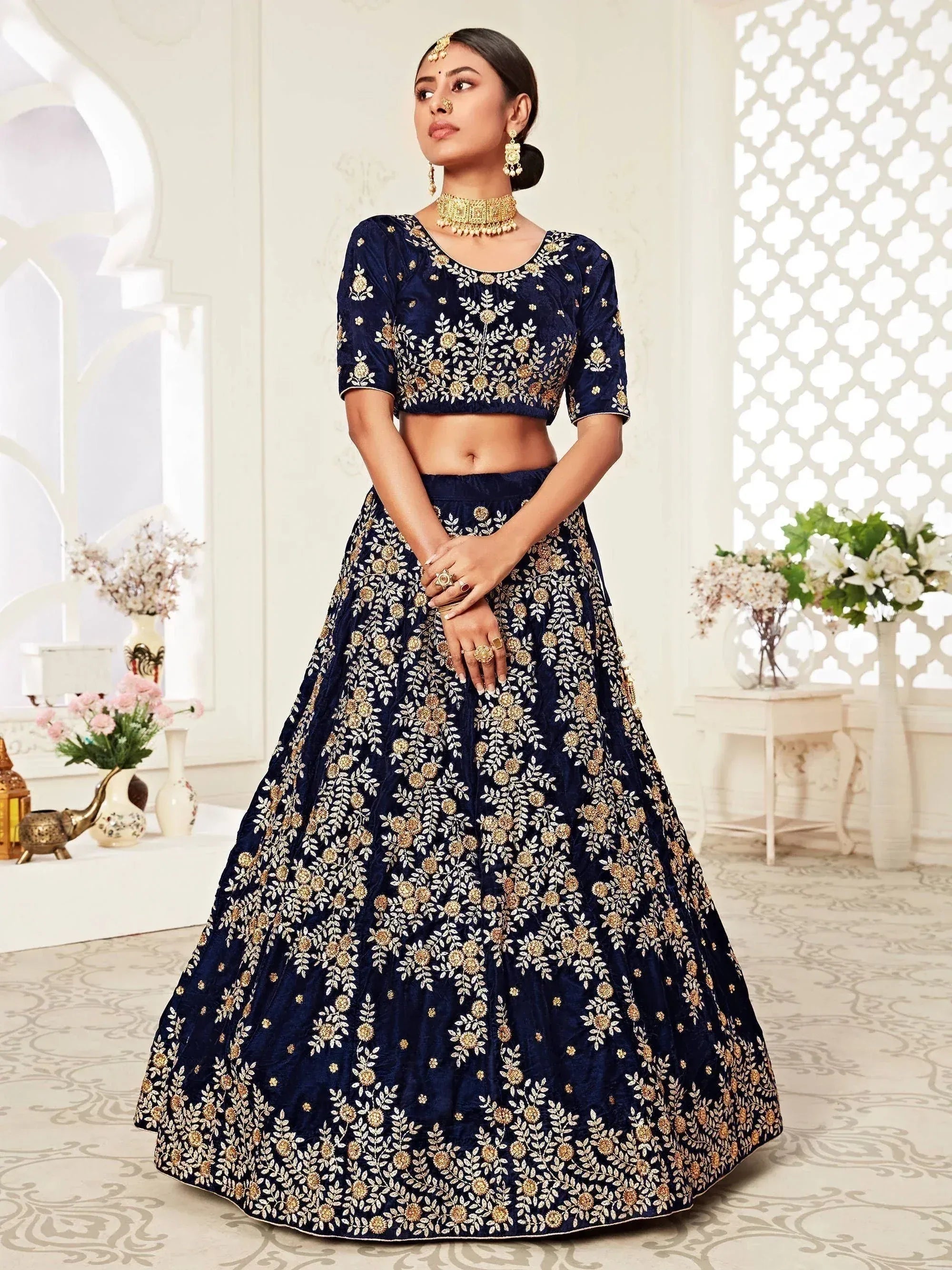 Tulsi Art Navy Blue Embroidered Velvet Wedding Lehenga Choli | Grocsy