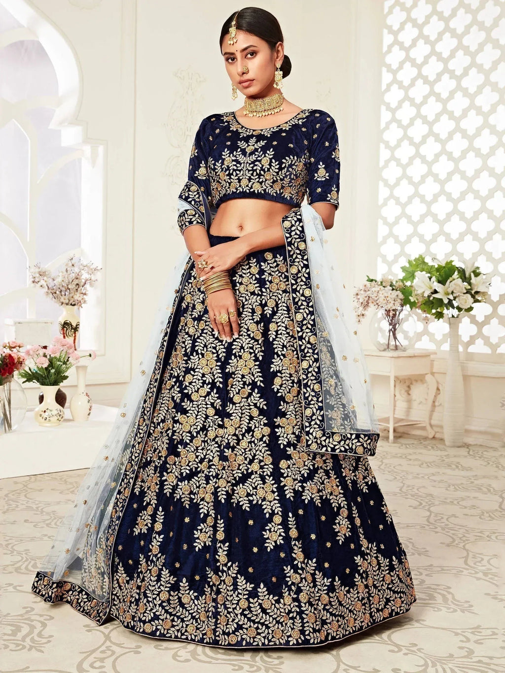 Tulsi Art Navy Blue Embroidered Velvet Wedding Lehenga Choli | Grocsy