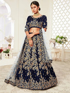 Tulsi Art Navy Blue Embroidered Velvet Wedding Lehenga Choli | Grocsy