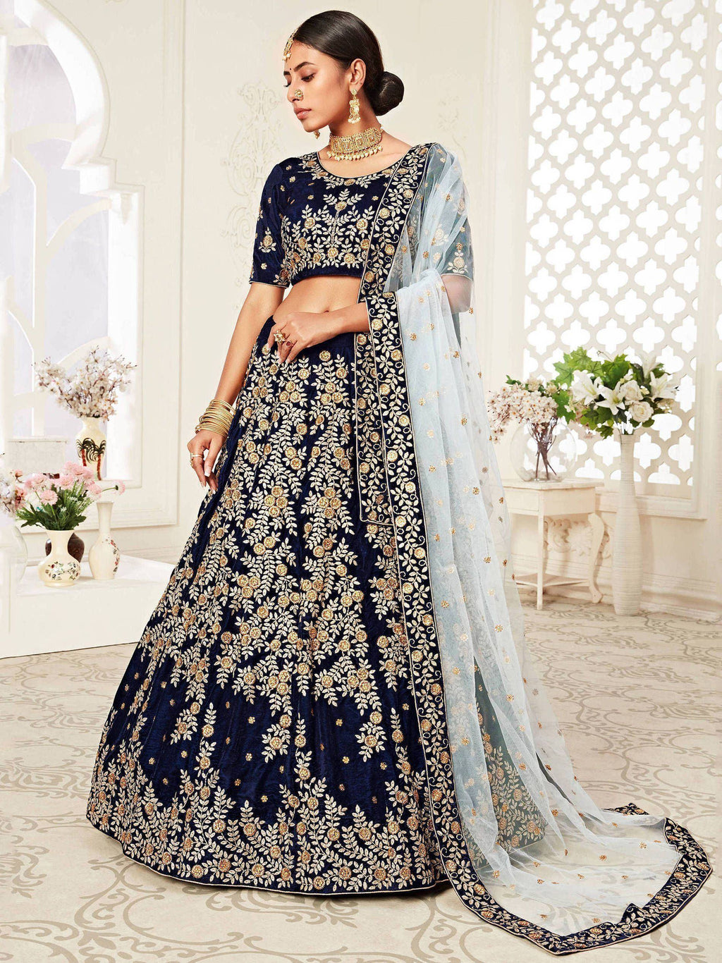 Tulsi Art Navy Blue Embroidered Velvet Wedding Lehenga Choli | Grocsy
