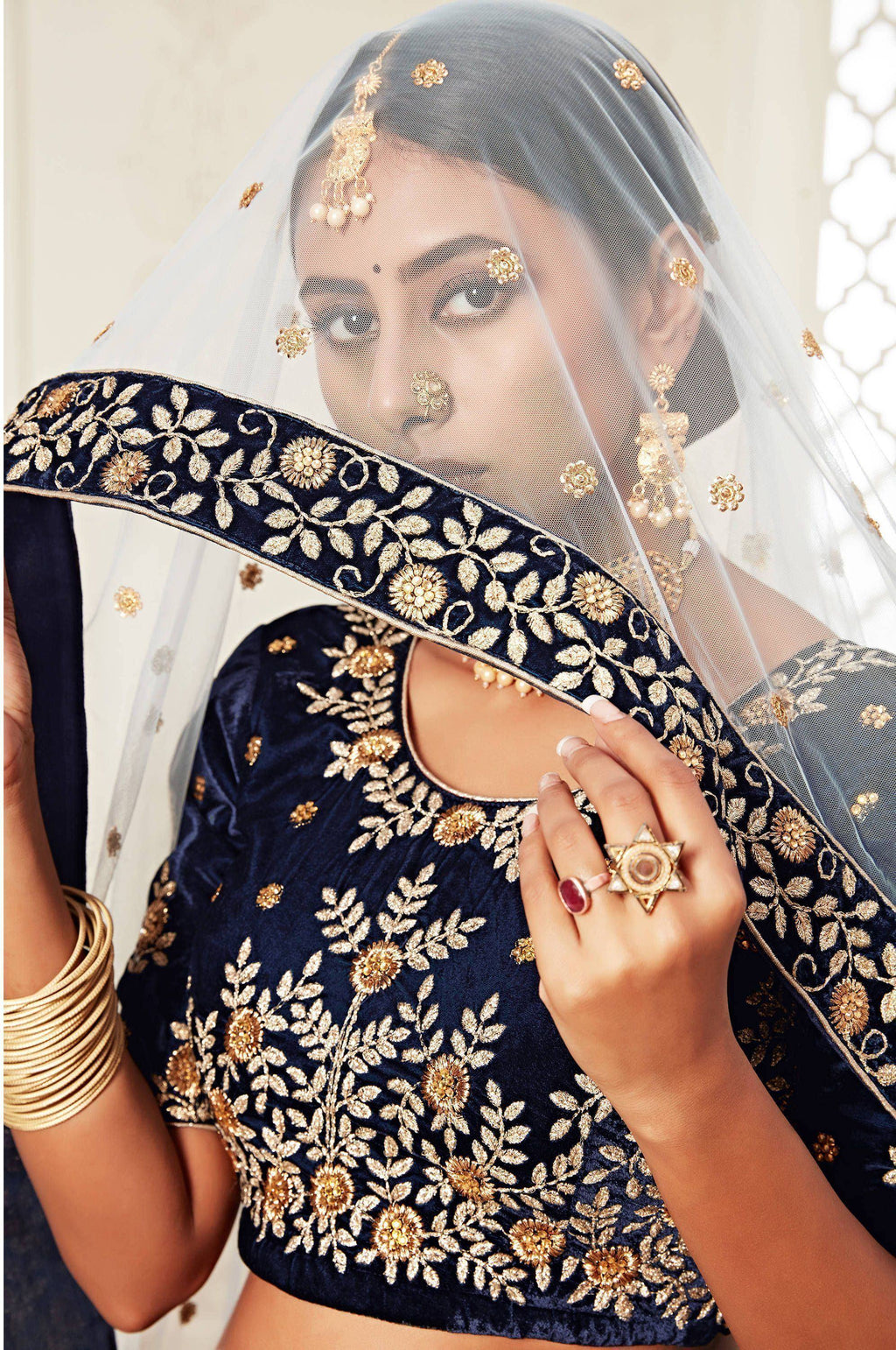 Tulsi Art Navy Blue Embroidered Velvet Wedding Lehenga Choli | Grocsy