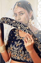 Tulsi Art Navy Blue Embroidered Velvet Wedding Lehenga Choli | Grocsy