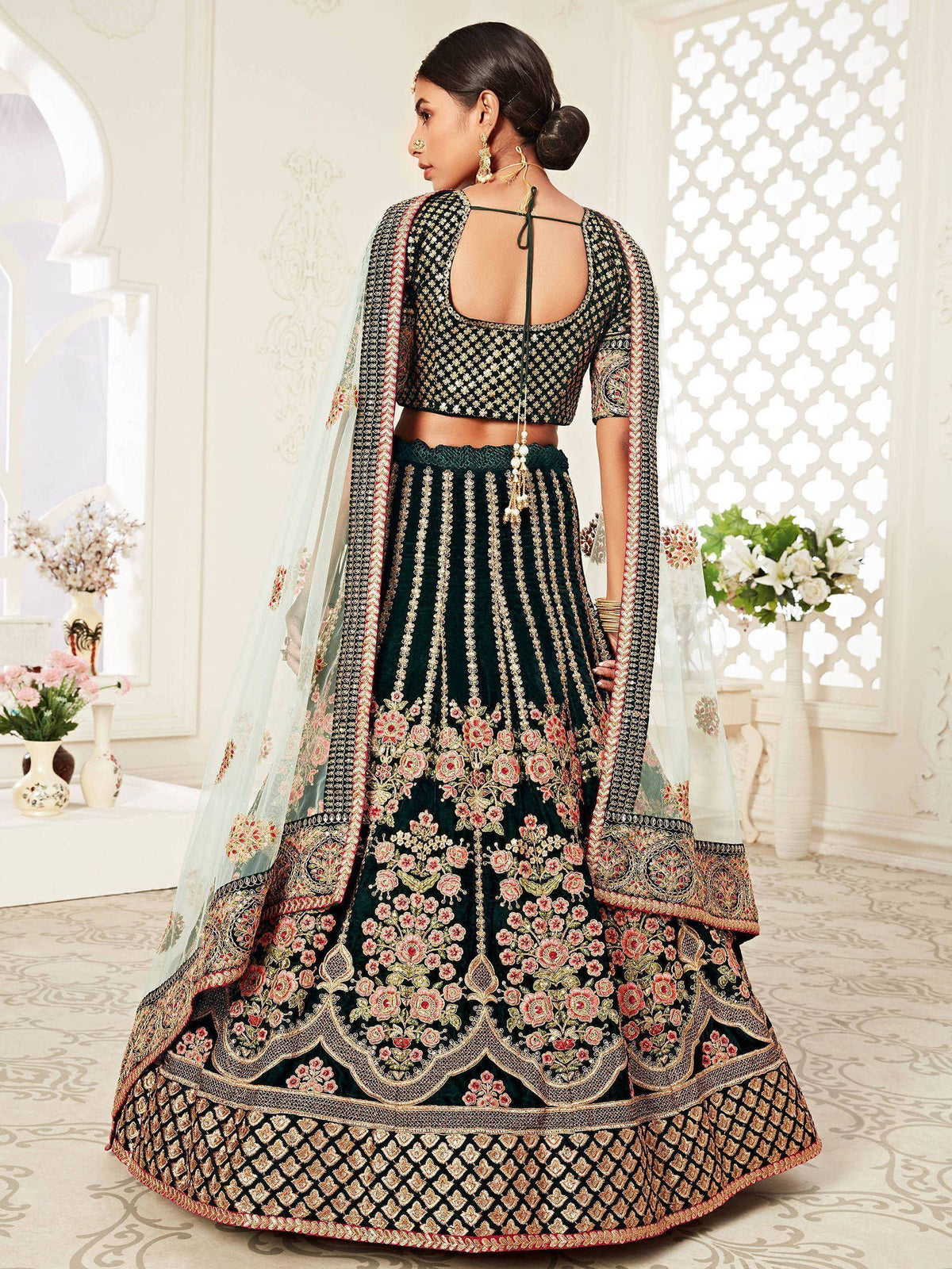 Tulsi Art Green Floral Embroidered Velvet Bridal Lehenga Choli | Grocsy