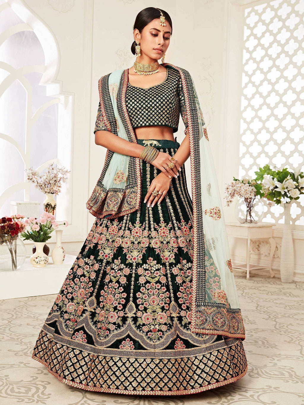 Tulsi Art Green Floral Embroidered Velvet Bridal Lehenga Choli | Grocsy