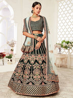 Tulsi Art Green Floral Embroidered Velvet Bridal Lehenga Choli | Grocsy