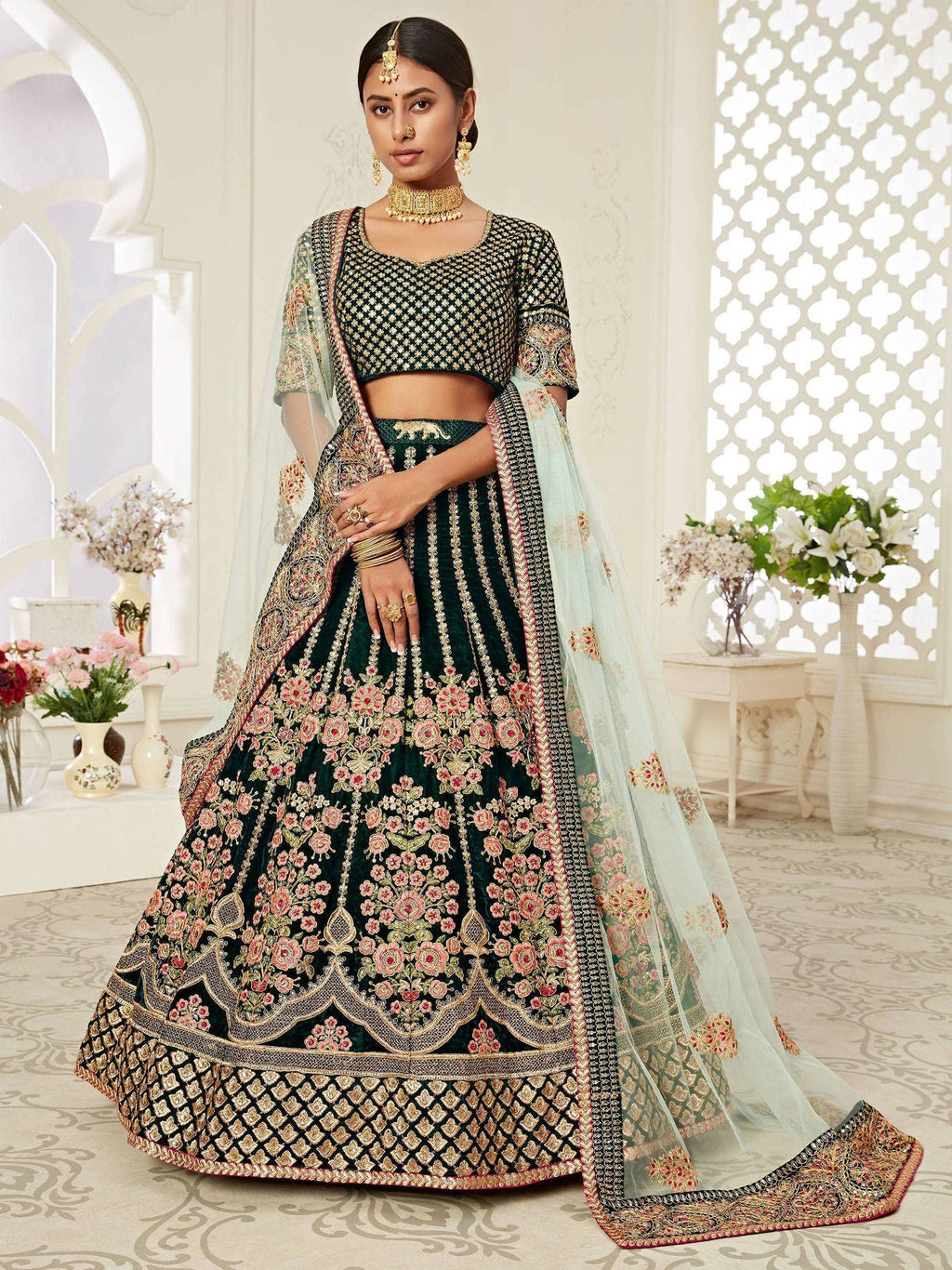 Tulsi Art Green Floral Embroidered Velvet Bridal Lehenga Choli | Grocsy