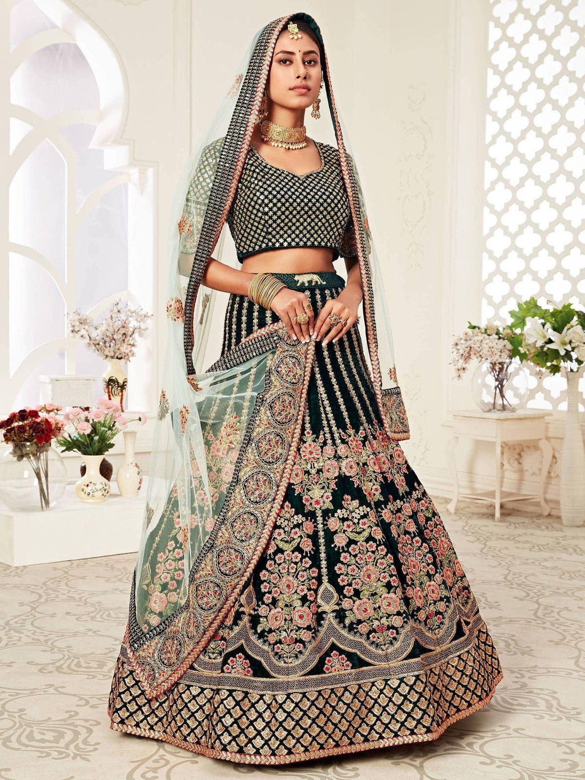 Tulsi Art Green Floral Embroidered Velvet Bridal Lehenga Choli | Grocsy