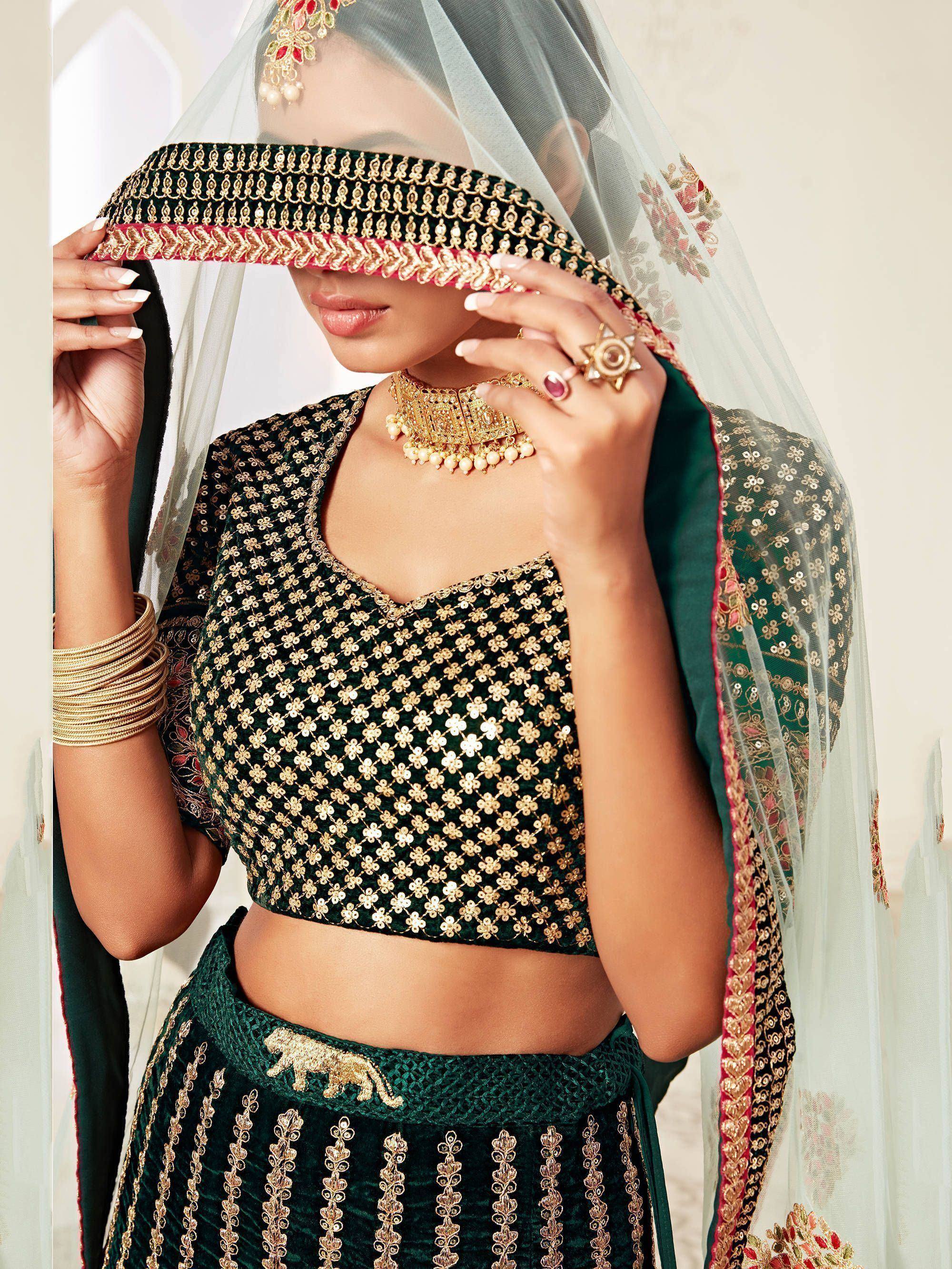 Tulsi Art Green Floral Embroidered Velvet Bridal Lehenga Choli | Grocsy