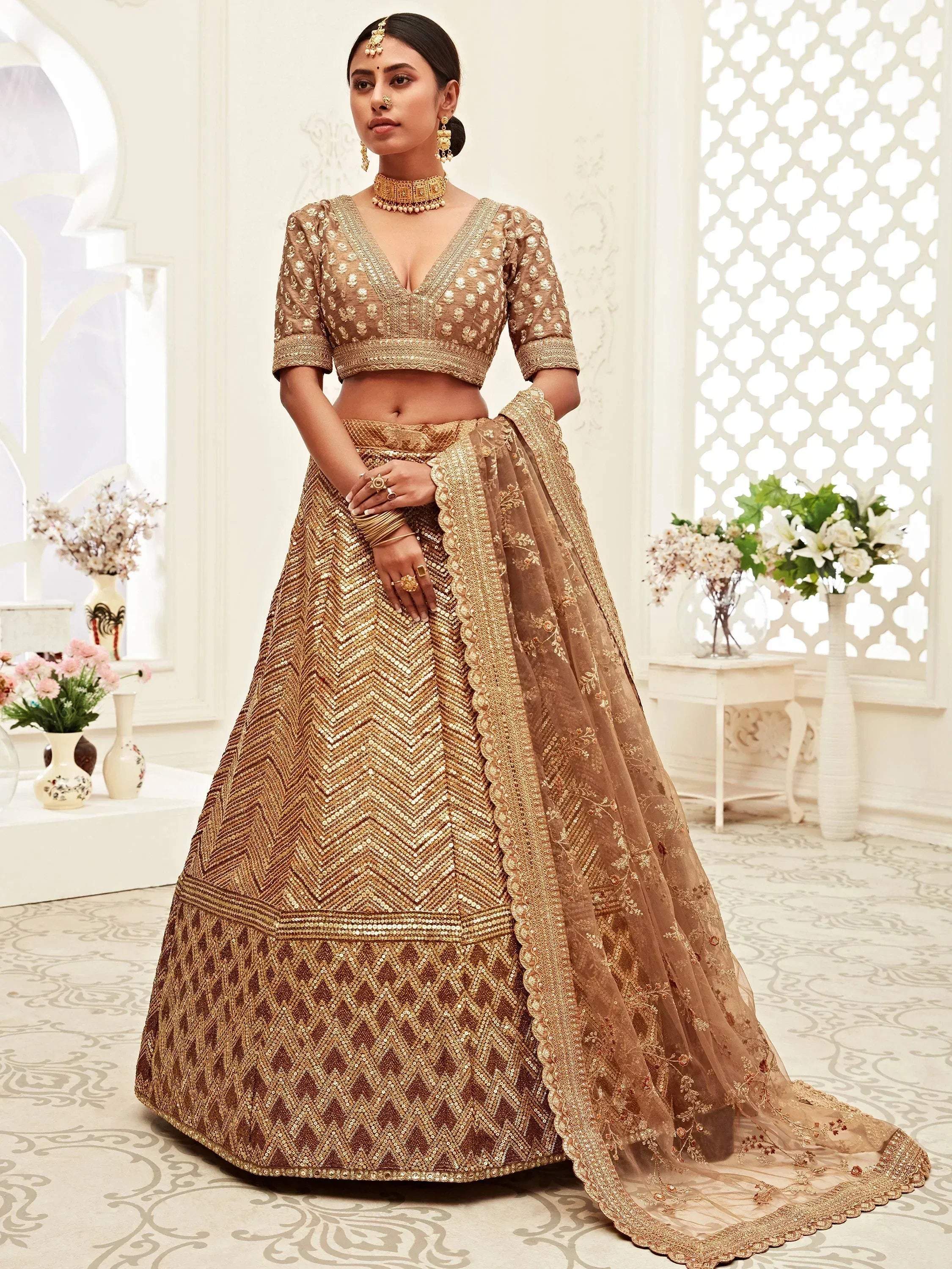 Tulsi Art Brown Sequins Embroidered Slub Silk Bridal Wear Lehenga Choli | Grocsy