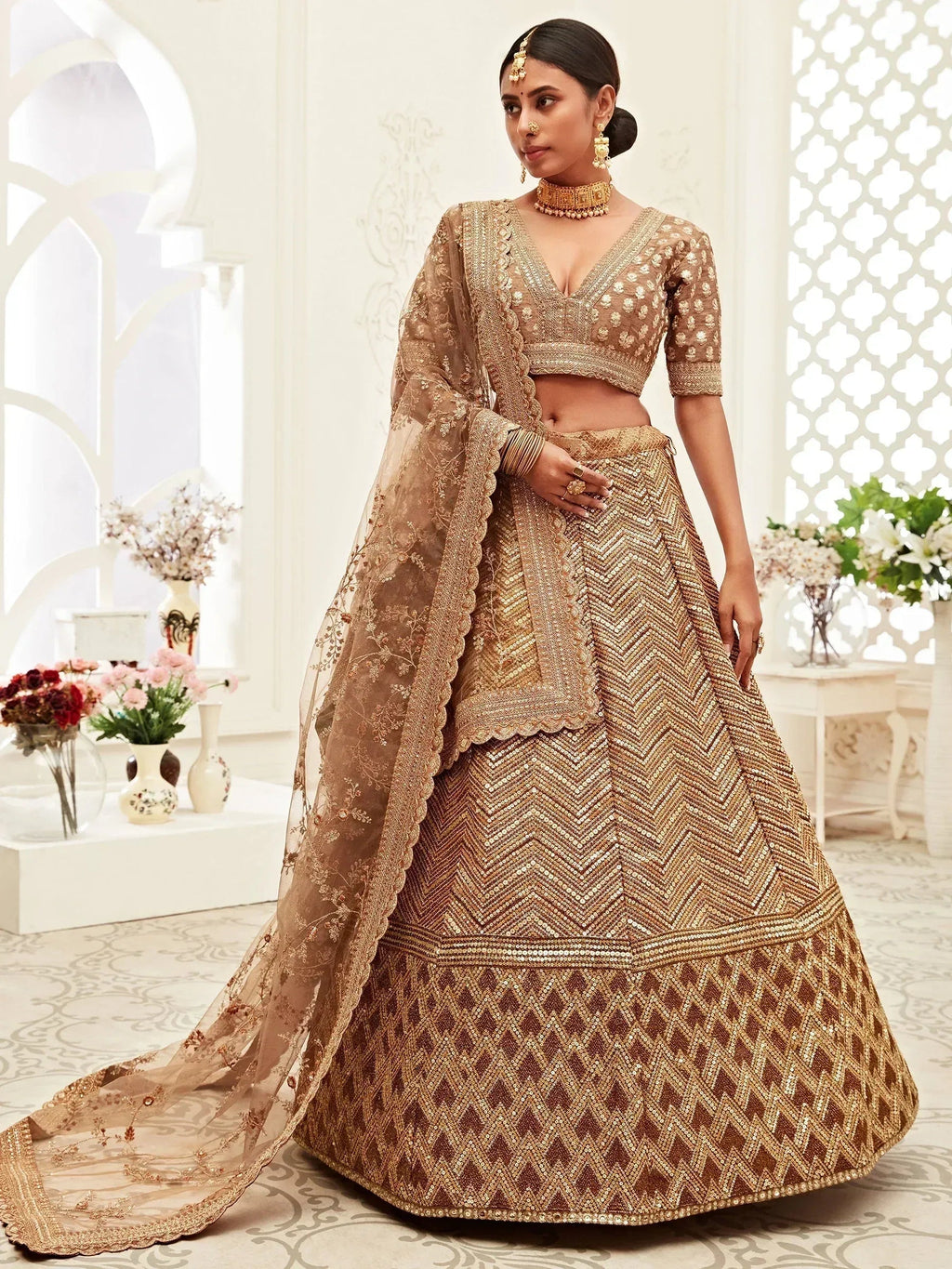 Tulsi Art Brown Sequins Embroidered Slub Silk Bridal Wear Lehenga Choli | Grocsy