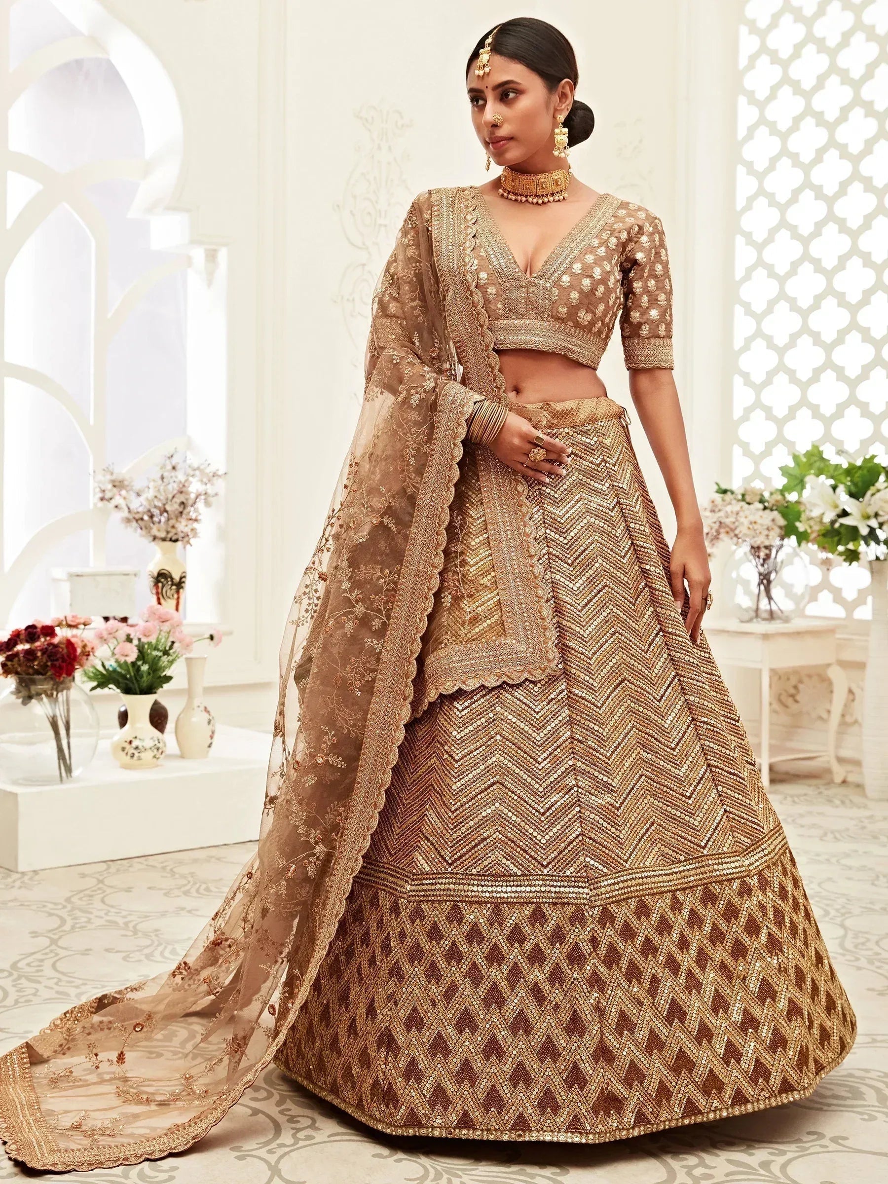 Tulsi Art Brown Sequins Embroidered Slub Silk Bridal Wear Lehenga Choli | Grocsy