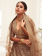 Tulsi Art Brown Sequins Embroidered Slub Silk Bridal Wear Lehenga Choli | Grocsy