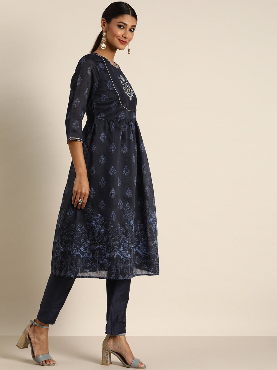 All About You Women Navy Blue Floral Printed Empire Kurta with Trousers | Grocsy
