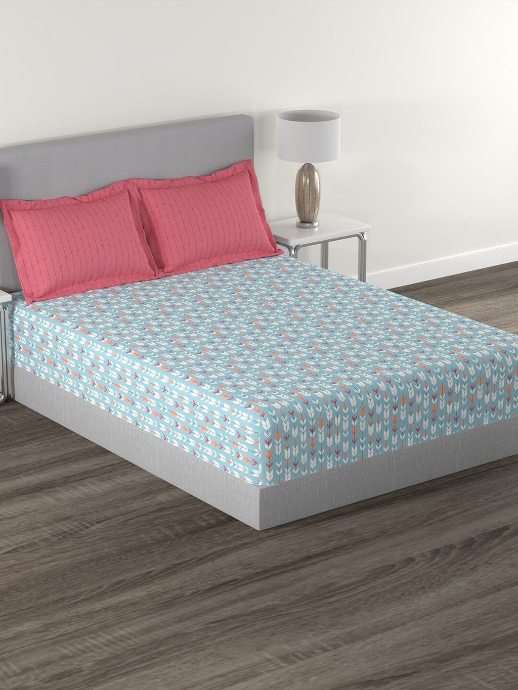 MYTRIDENT Blue White Geometric Cotton 144 TC Queen Bedsheet With 2 Pillow Covers | Grocsy