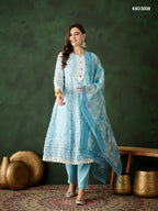 Blue Crystal Organza schiffli embroidery Kurta With Trouser & Dupatta - Bhumi | Grocsy