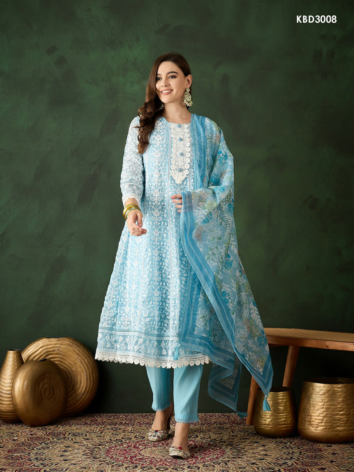 Blue Crystal Organza schiffli embroidery Kurta With Trouser & Dupatta - Bhumi | Grocsy