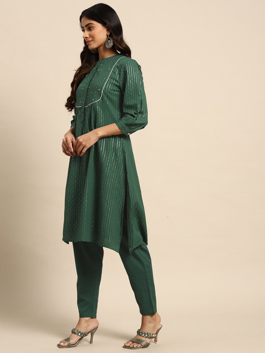 All About You Striped Pleated Sequinned Pure Cotton Kurta with Trousers | Grocsy