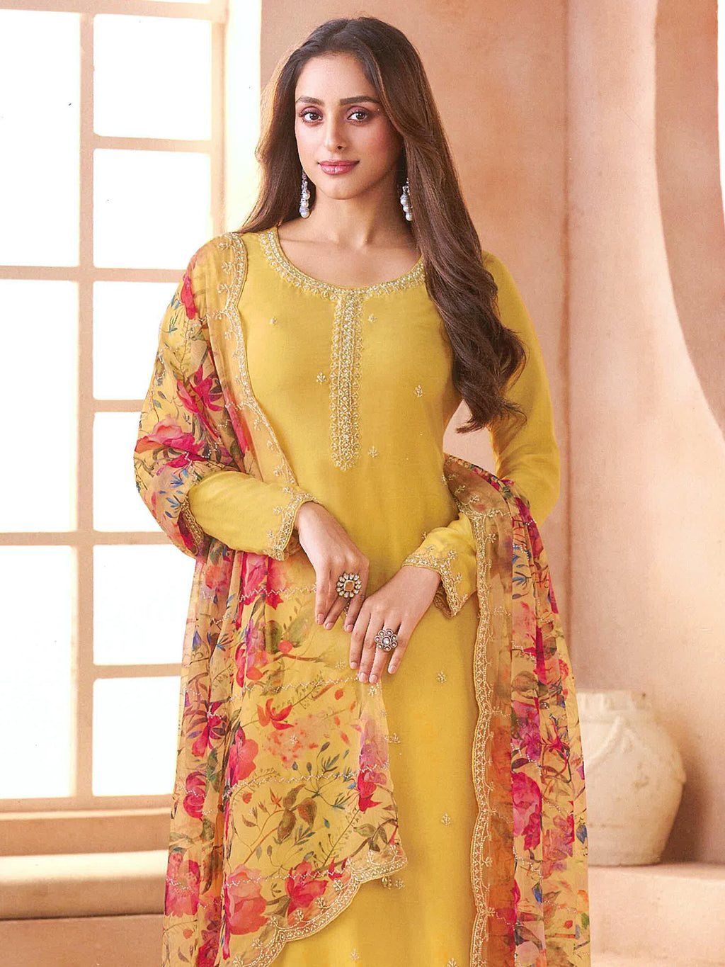 Anaita Yellow Chiffon Suit with Digital Printed & Beats Work | Grocsy