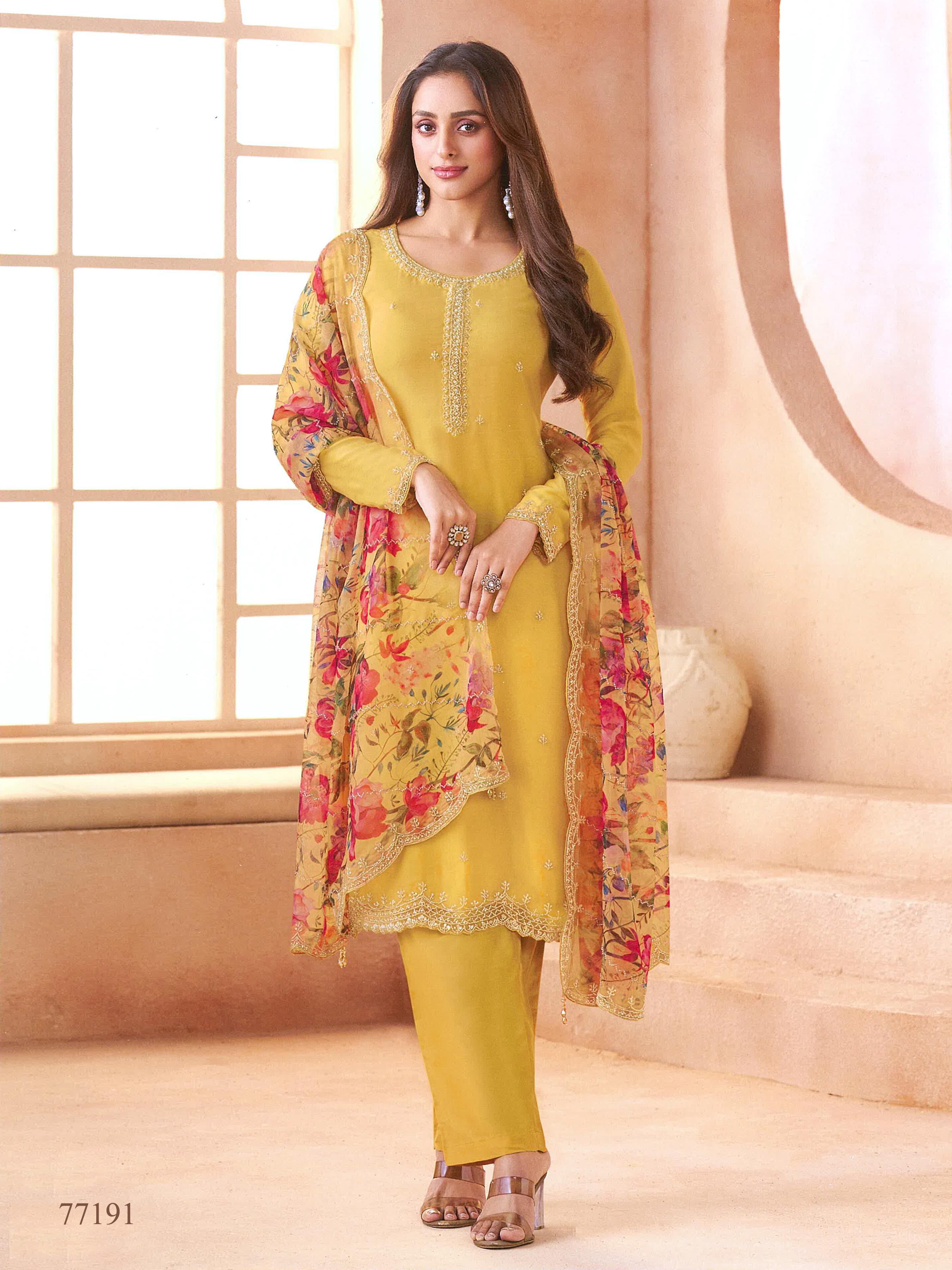 Anaita Yellow Chiffon Suit with Digital Printed & Beats Work | Grocsy