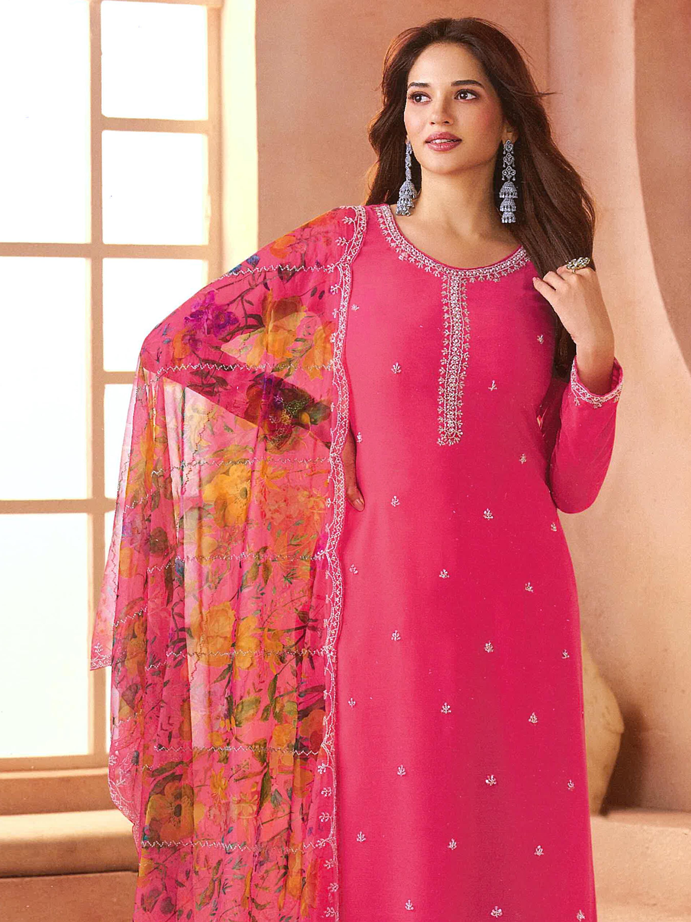 Anaita Magenta Chiffon Suit with Digital Printed & Beats Work | Grocsy