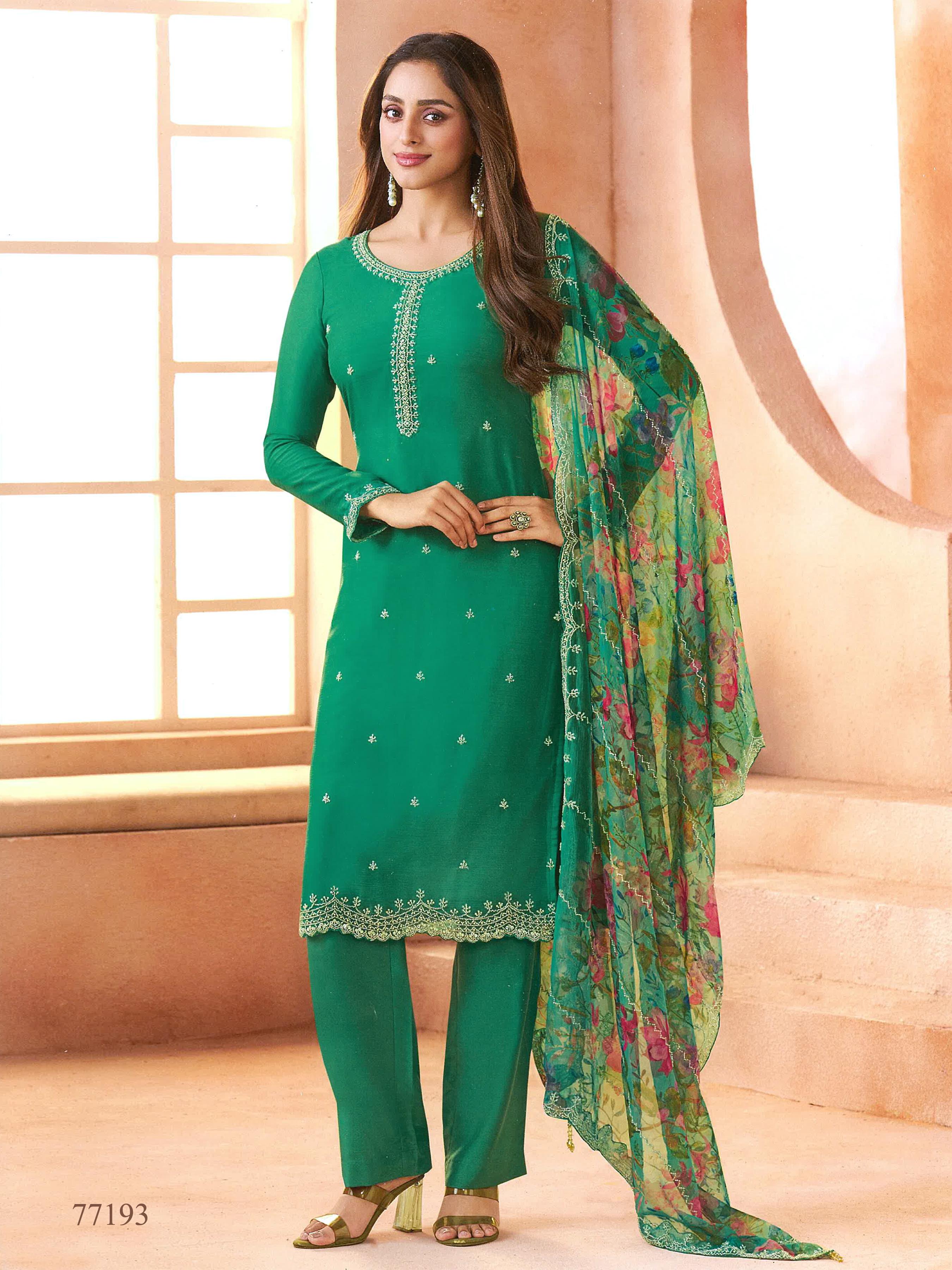 Anaita D Green Chiffon Suit with Digital Printed & Beats Work | Grocsy