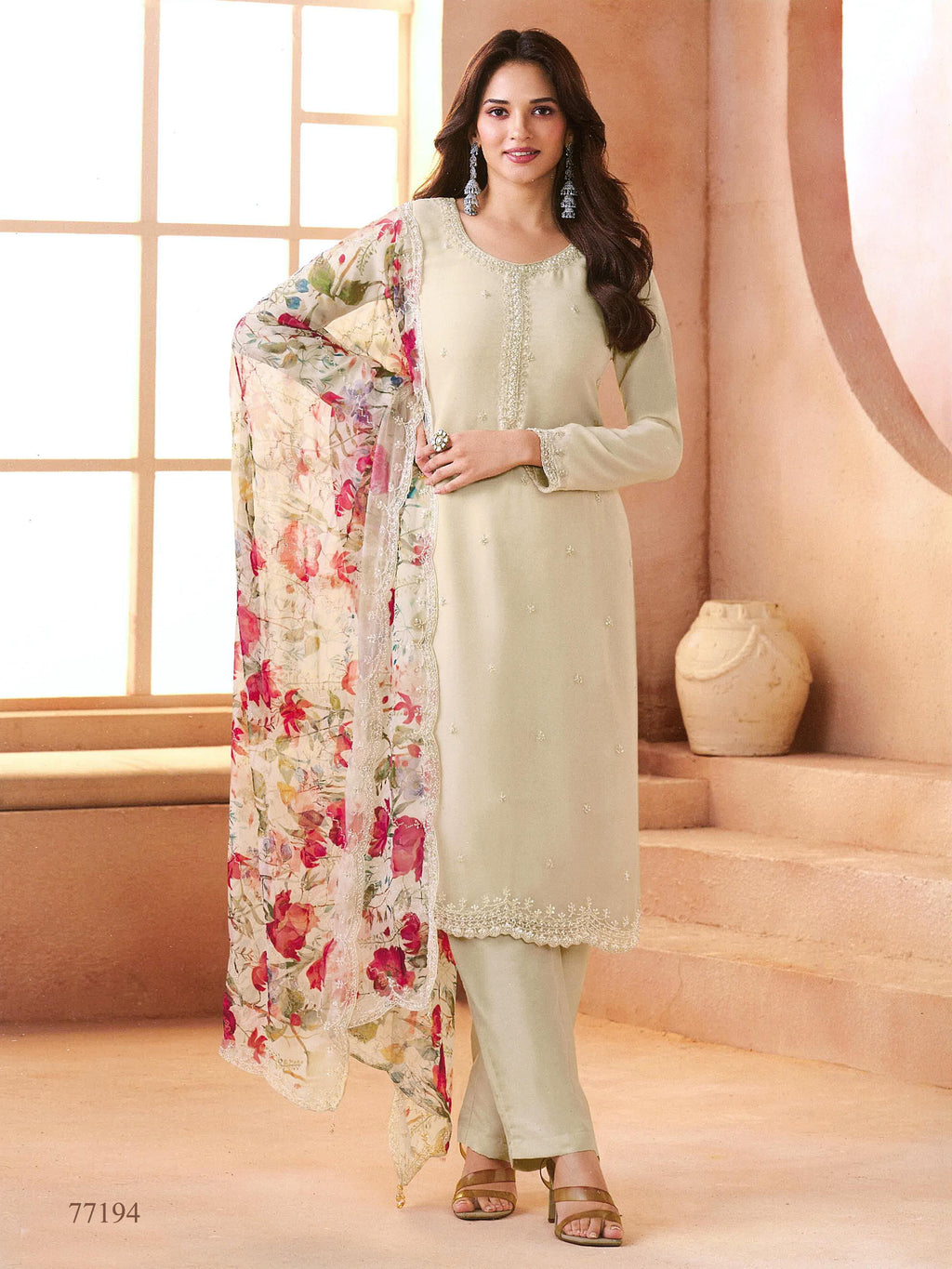 Anaita Beige Chiffon Suit with Digital Printed & Beats Work | Grocsy