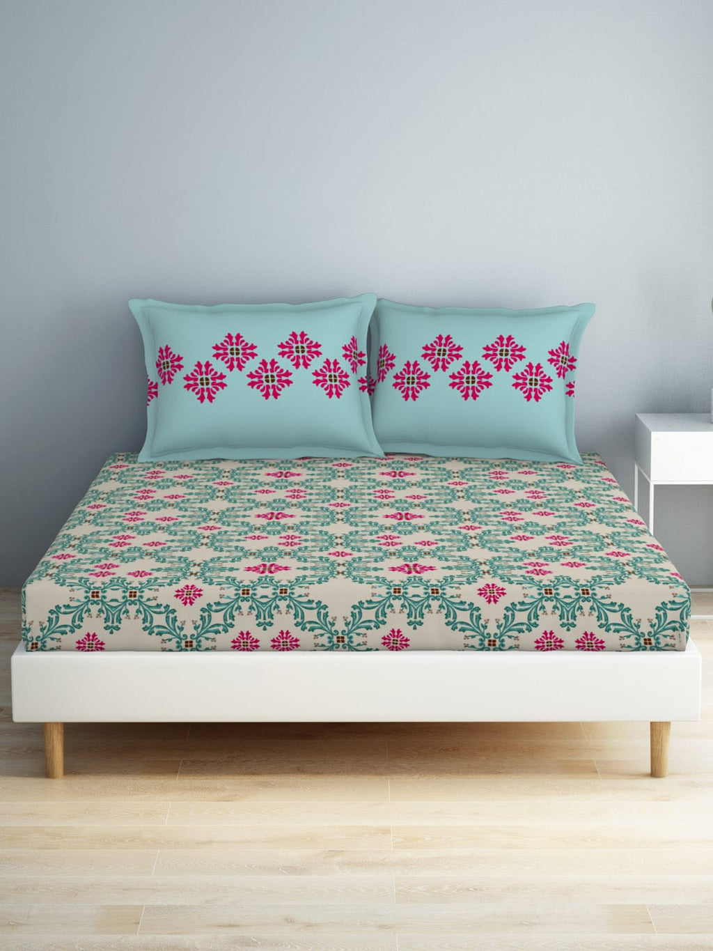SPACES Aurum Blue Ethnic Motifs Pure Cotton 140 TC Queen Bedsheet With 2 Pillow Covers | Grocsy