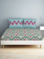 SPACES Aurum Blue Ethnic Motifs Pure Cotton 140 TC Queen Bedsheet With 2 Pillow Covers | Grocsy