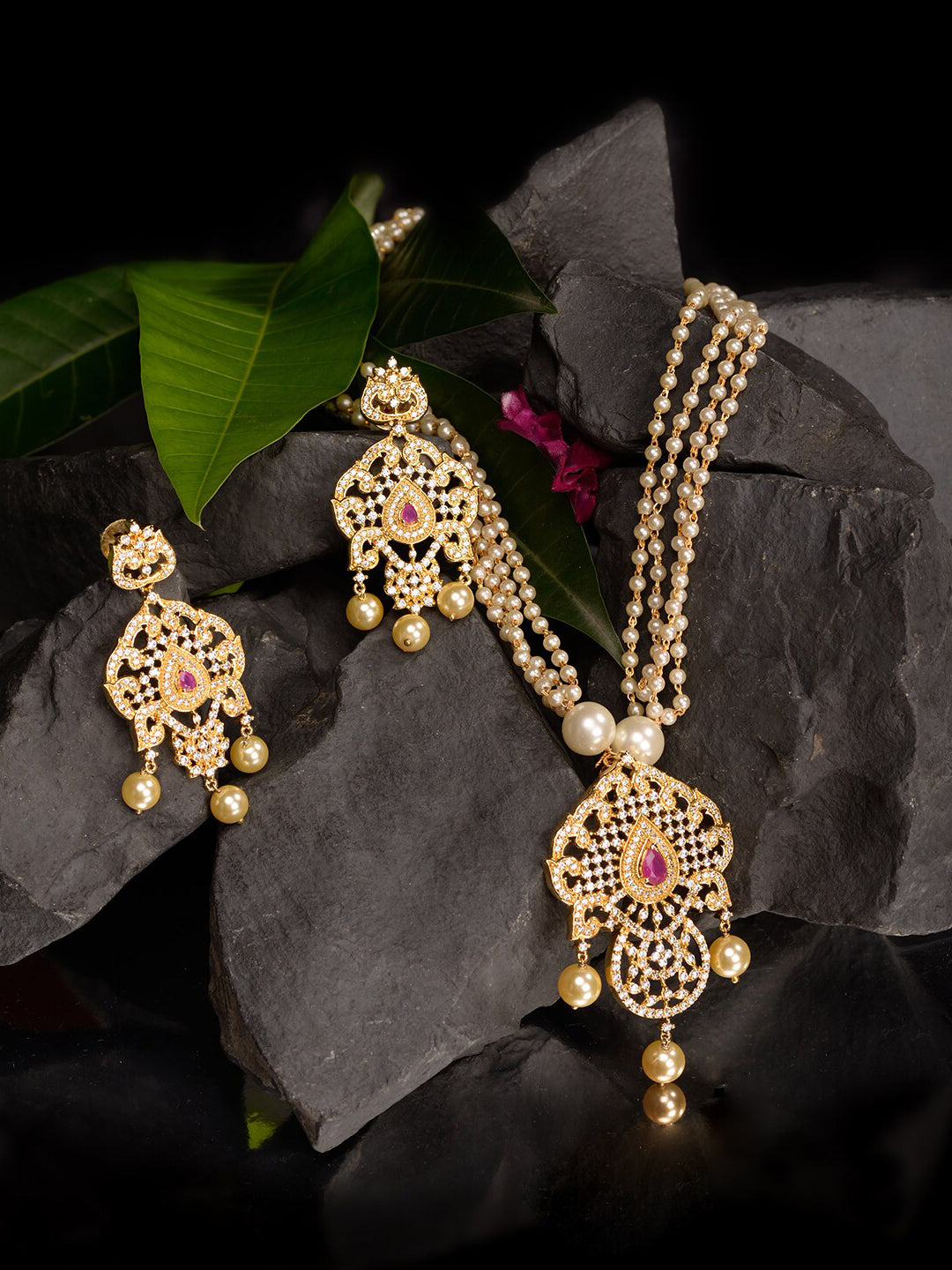 Saraf RS Jewellery Gold-Polished White & Magenta American Diamond Studded Jewellery Set | Grocsy