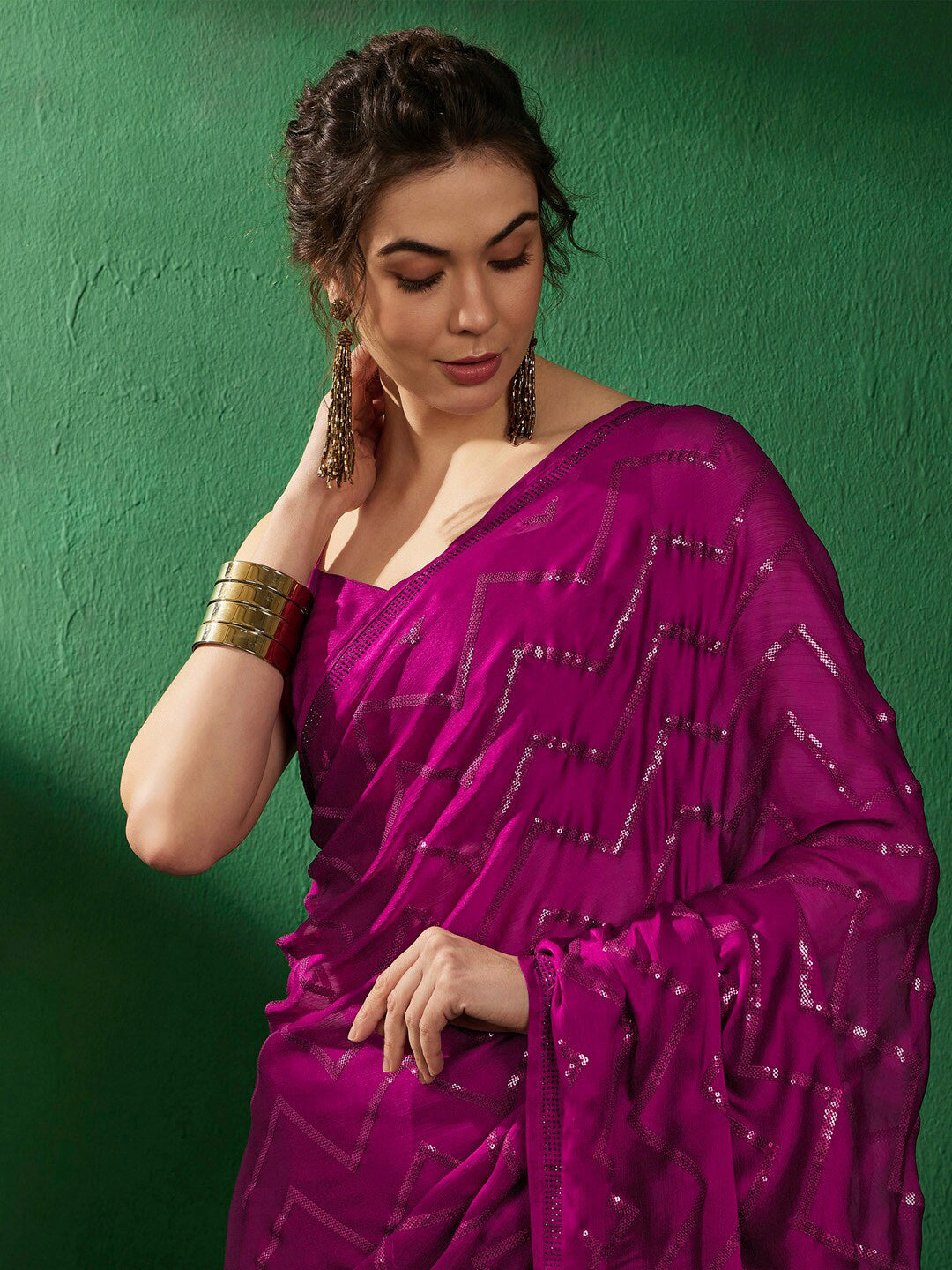 Sangria Geometric Embellished Beads and Stones Sarees | Grocsy