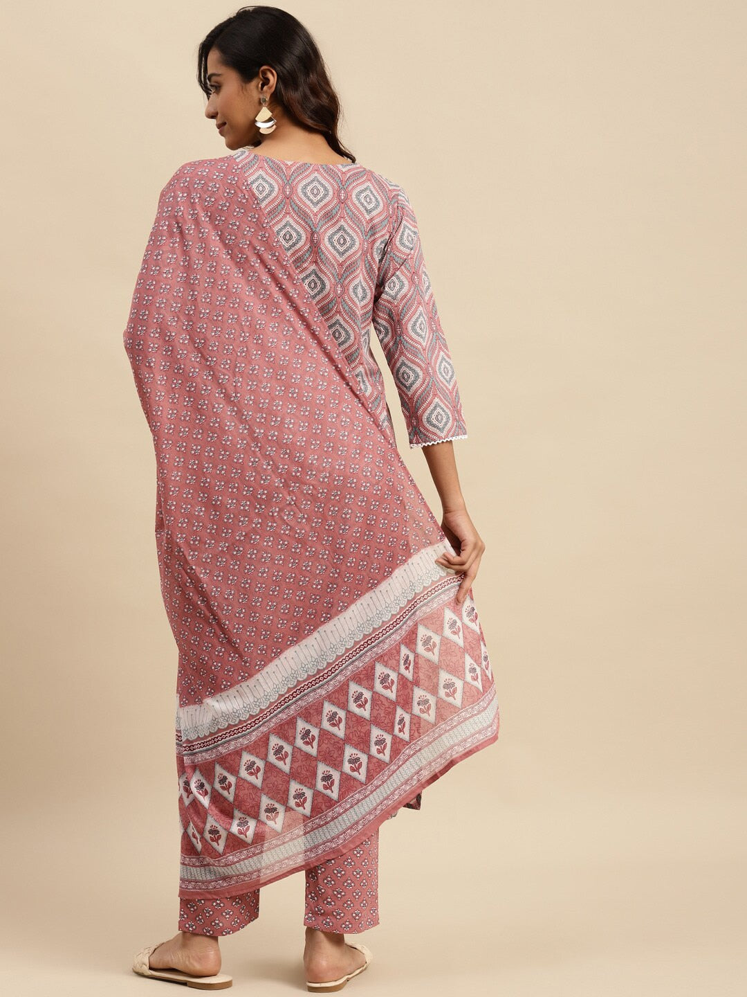 Sangria Ethnic Motif-Printed Sequinned Pure-Cotton Straight Kurta With Trouser & Dupatta | Grocsy