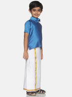 Sethukrishna Blue & White Solid Shirt and Veshti Set For Boys | Grocsy