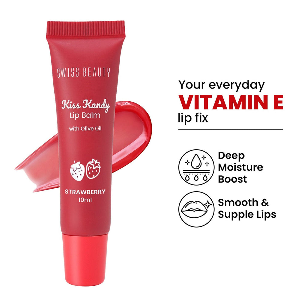 Swiss Beauty Kiss Kandy Tinted Lip Balm | Non-Sticky with Olive Oil & Vitamin E - 7 Strawberry | Grocsy