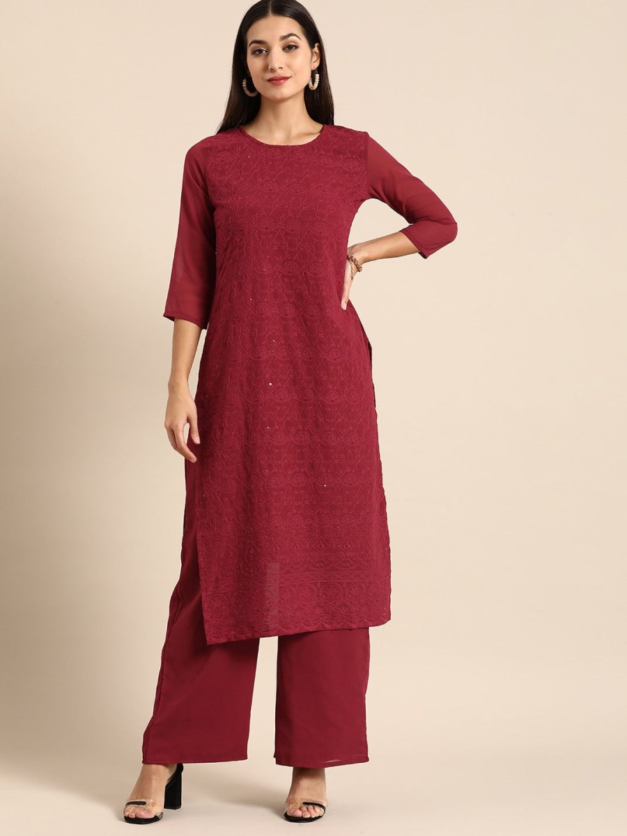 All About You Women Maroon Ethnic Motifs Embroidered Chikankari Kurta with Palazzos | Grocsy