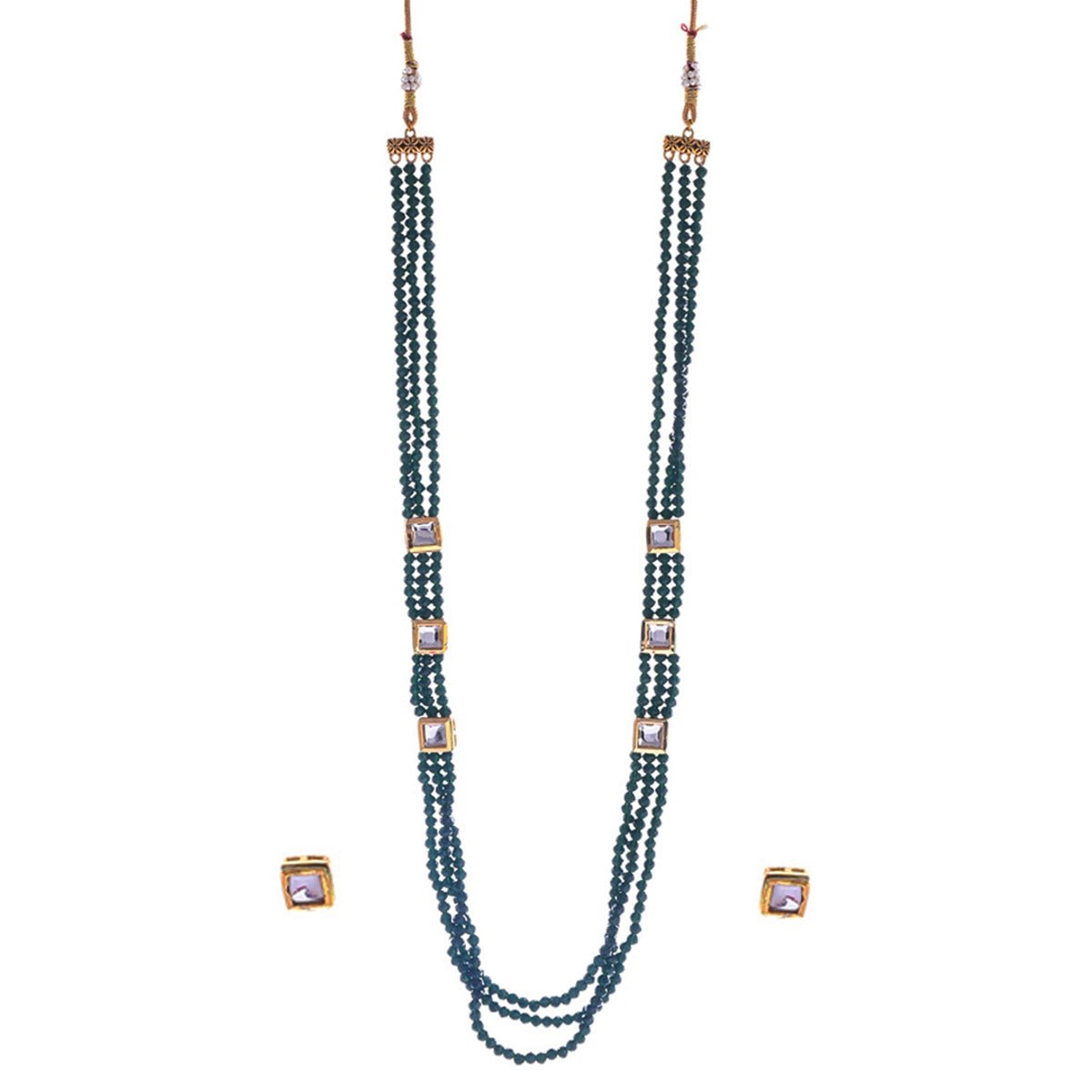 Gold-Polished Alloy Long Green Beaded Kundan Studded Classy Necklace Set - The Pari