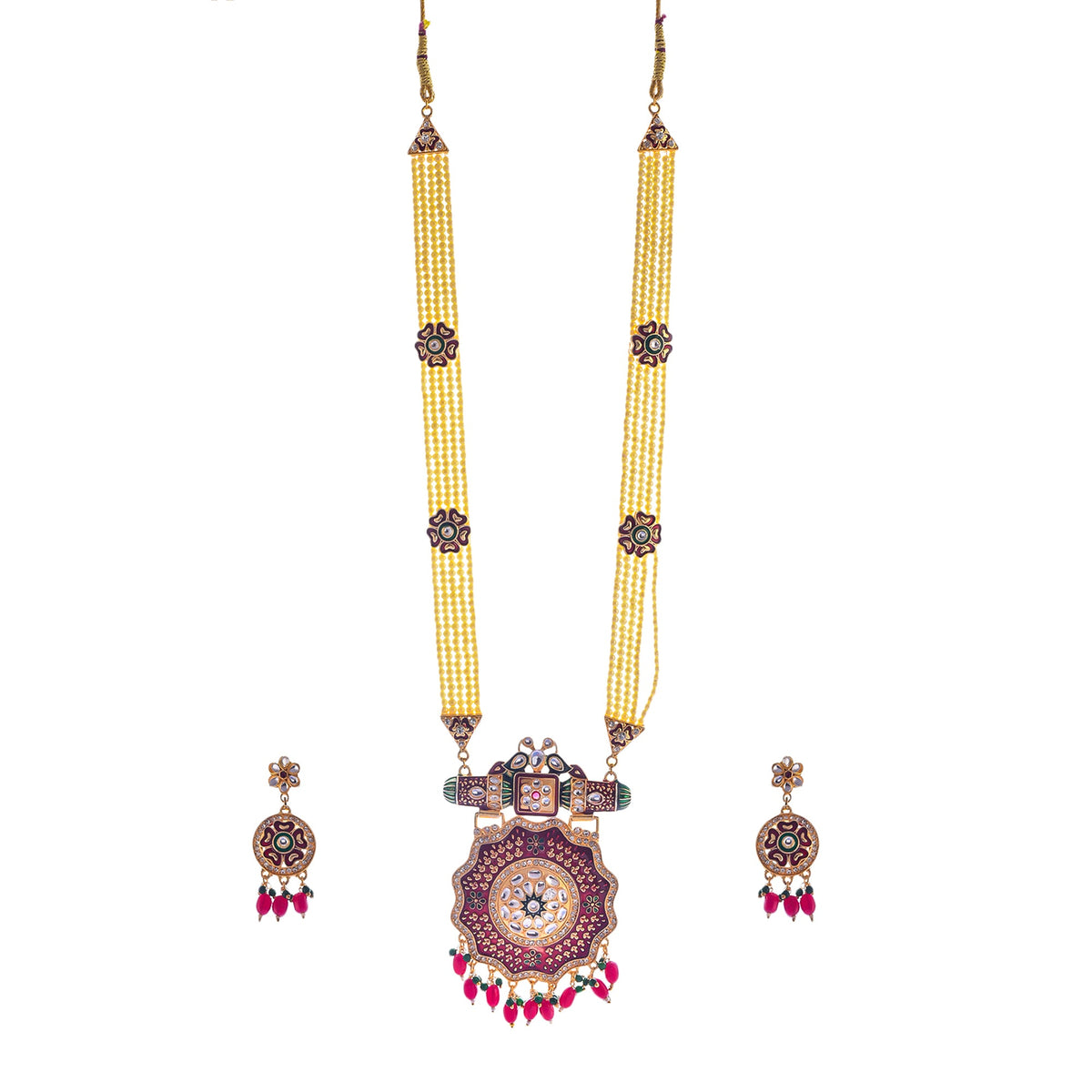Gold-Polished Alloy Long Pearl Rani Haar Necklace With Round Thewa Pendant Set - The Pari | Grocsy