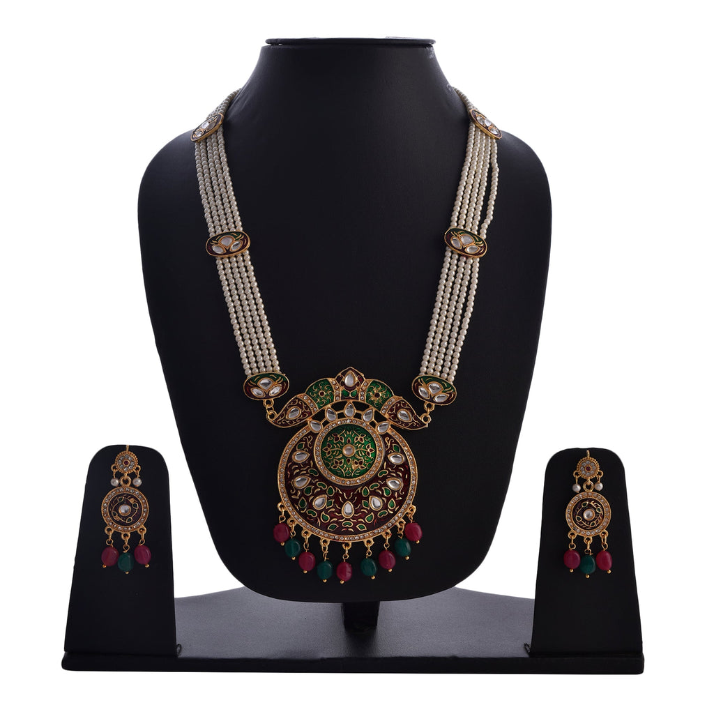 Gold-Polished Alloy Long Pearl Rani Haar Necklace With Designer Thewa Pendant Set - The Pari | Grocsy