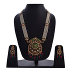 Gold-Polished Alloy Long Pearl Rani Haar Necklace With Designer Thewa Pendant Set - The Pari | Grocsy