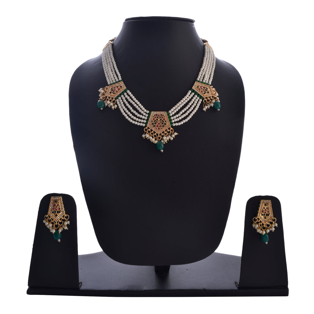 Gold-Polished Alloy Pearl Choker Set With Jadau Kundan Work Motifs - The Pari | Grocsy