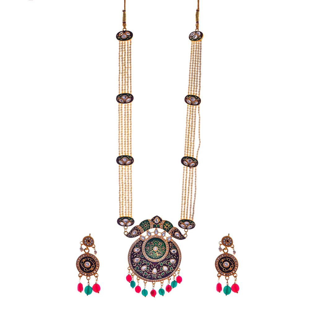 Gold-Polished Alloy Long Pearl Rani Haar Necklace With Designer Thewa Pendant Set - The Pari | Grocsy