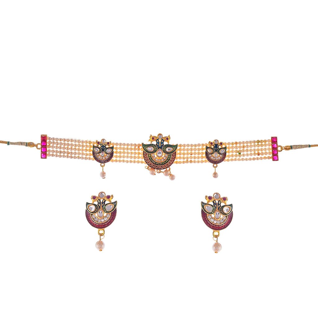Gold-Polished Alloy Designer Peacock Choker Necklace Set - The Pari | Grocsy