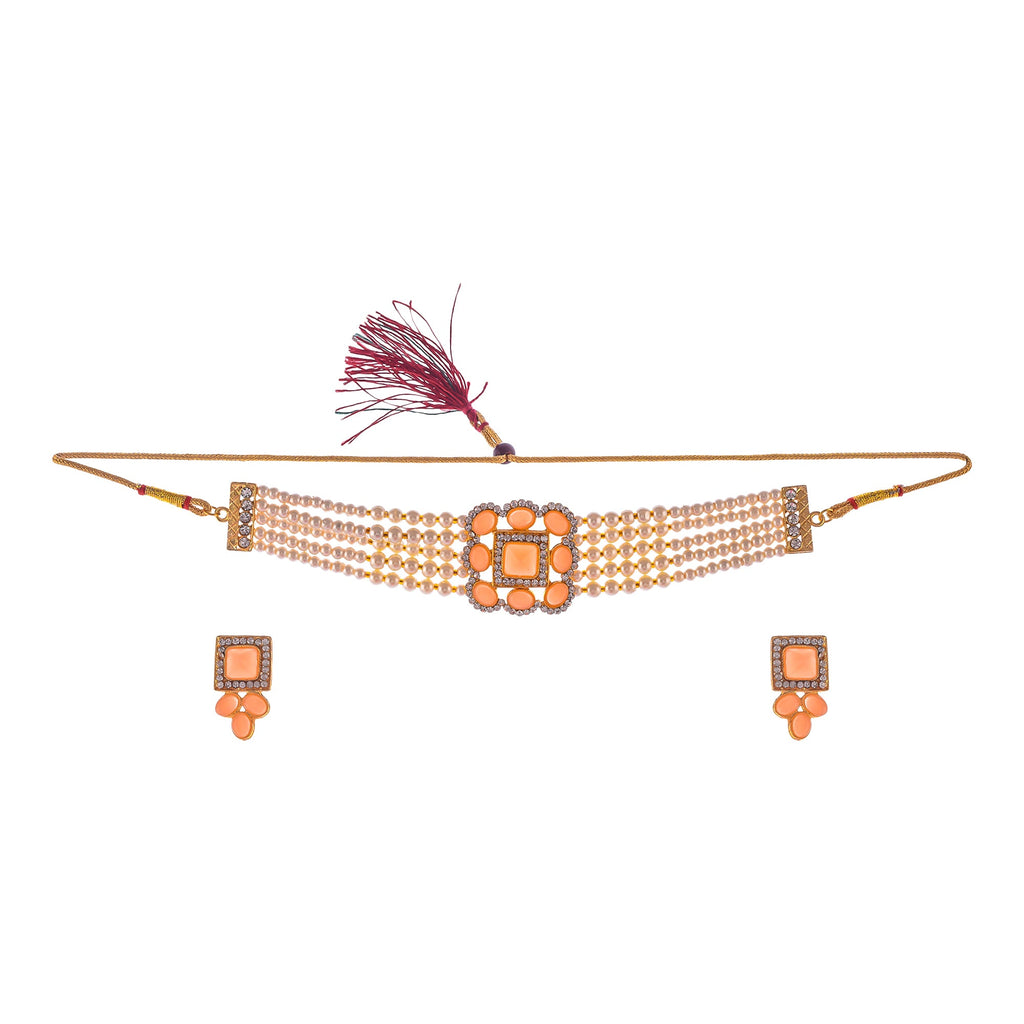 Gold-Polished Alloy Neon Square Motif Pearl Choker Necklace Set - The Pari | Grocsy