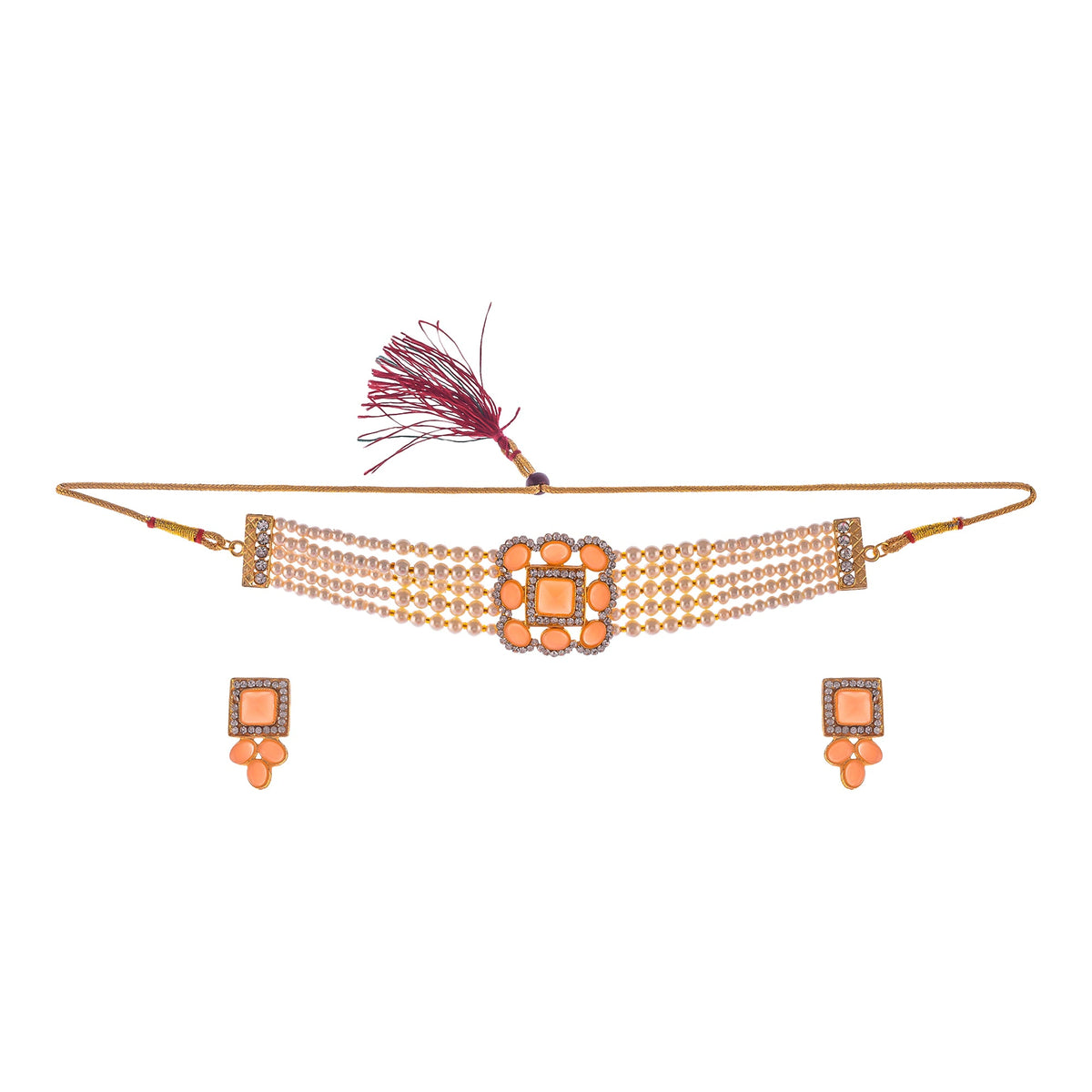 Gold-Polished Alloy Neon Square Motif Pearl Choker Necklace Set - The Pari | Grocsy