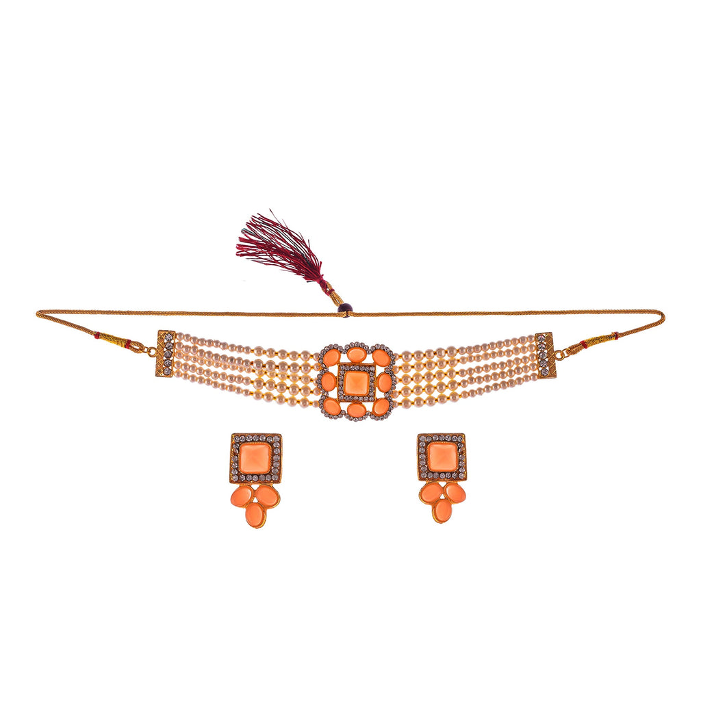 Gold-Polished Alloy Neon Square Motif Pearl Choker Necklace Set - The Pari | Grocsy