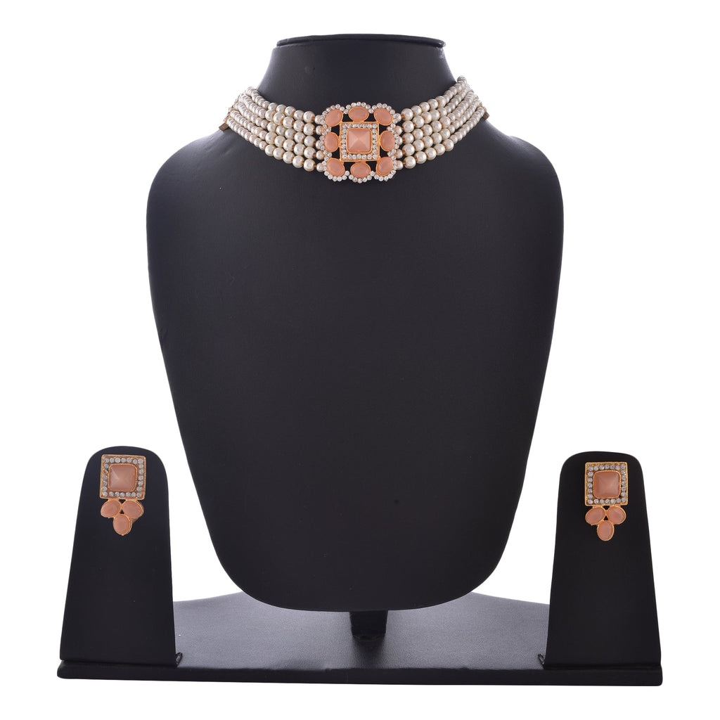 Gold-Polished Alloy Neon Square Motif Pearl Choker Necklace Set - The Pari | Grocsy