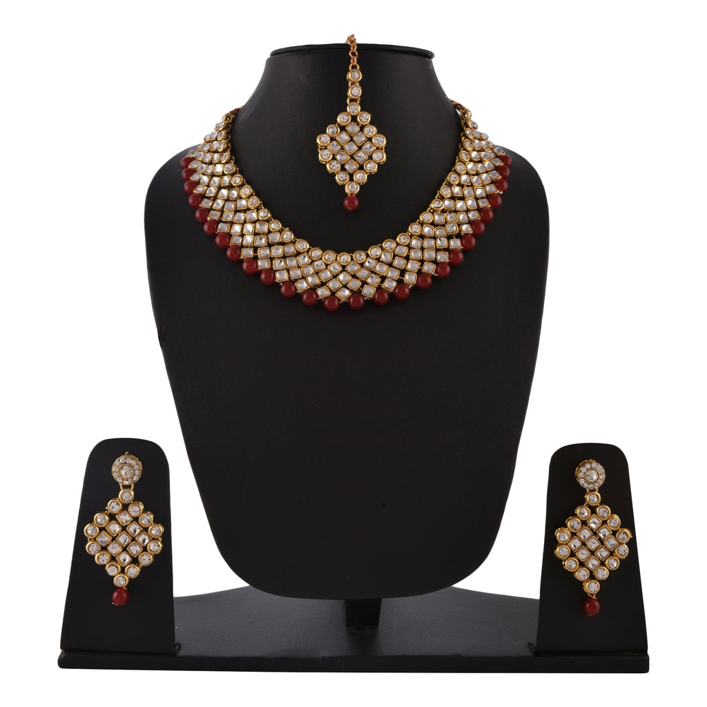 Gold-Polished Alloy Mehrron Kundan Choker Necklace Set With Maangtika - The Pari | Grocsy
