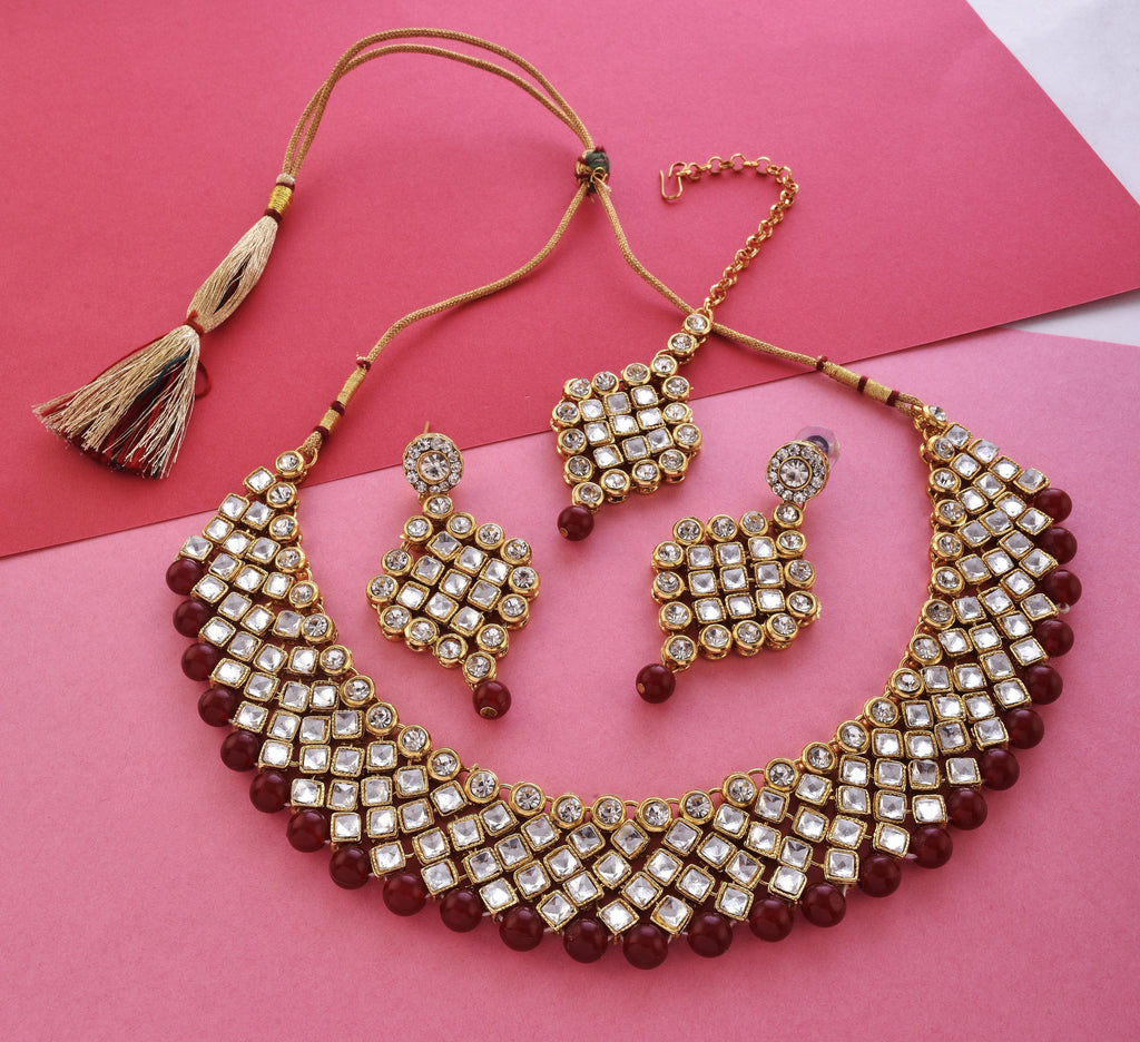 Gold-Polished Alloy Mehrron Kundan Choker Necklace Set With Maangtika - The Pari | Grocsy