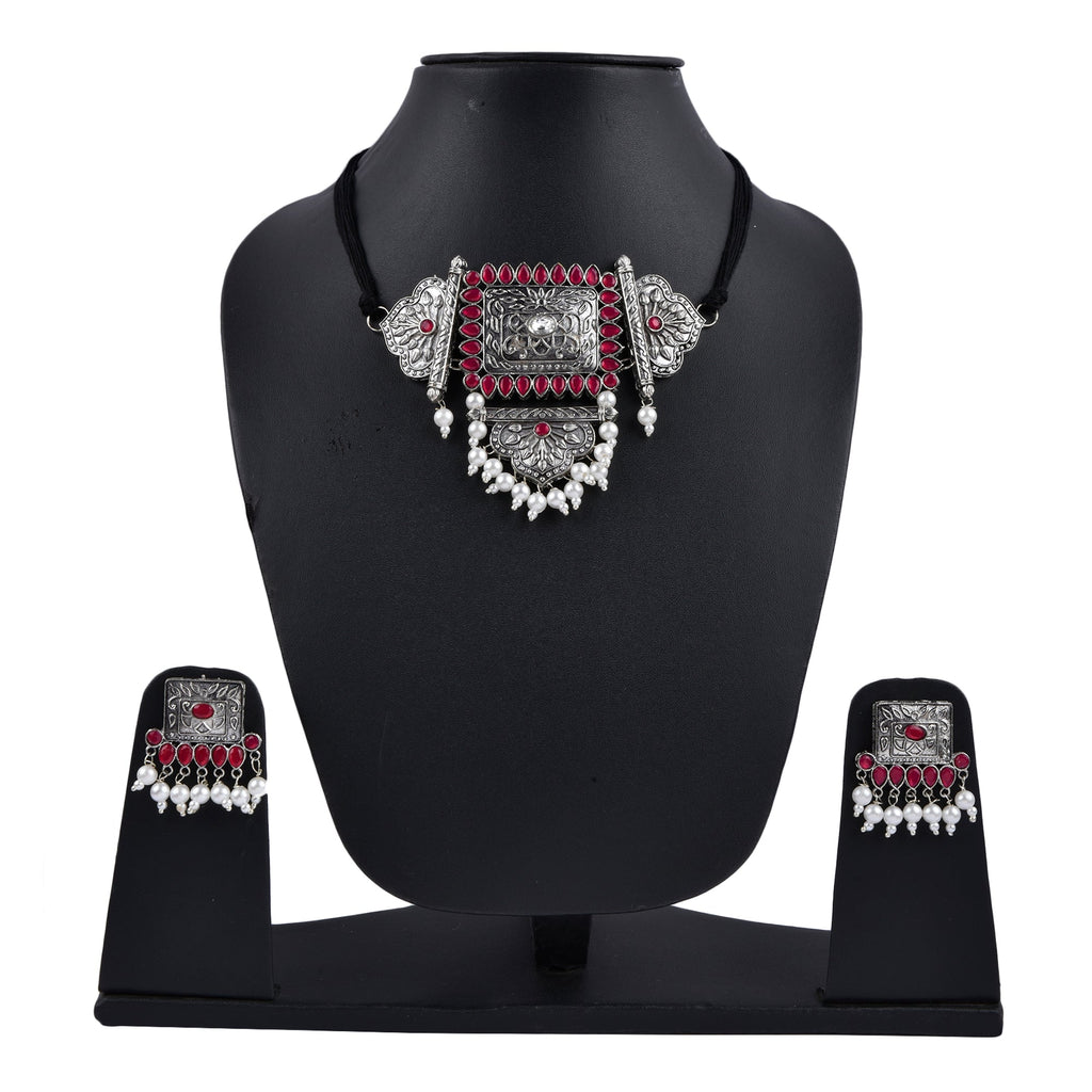 Silver-Plated Alloy Oxidised Tribal Pendant Choker Necklace - The Pari | Grocsy