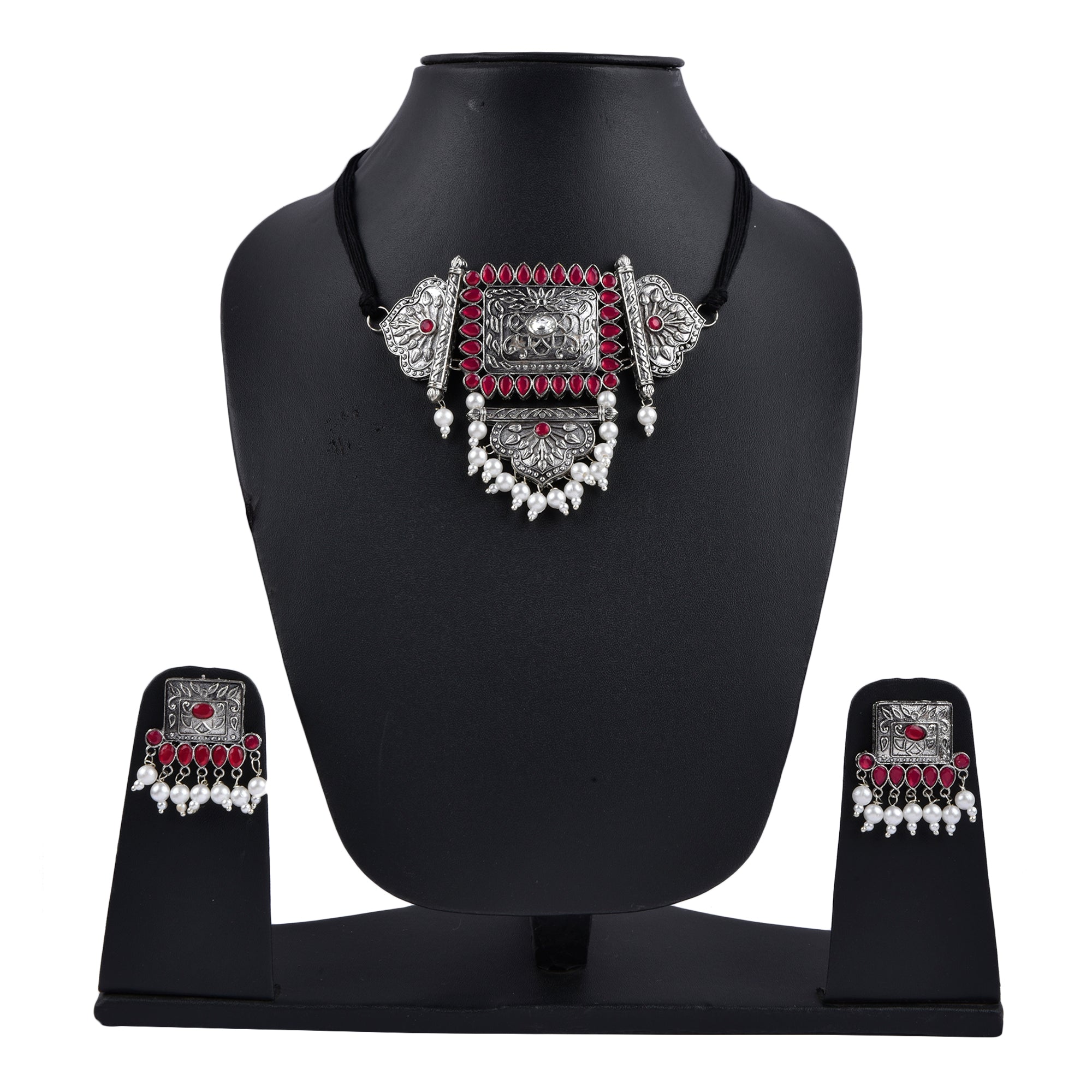 Silver-Plated Alloy Oxidised Tribal Pendant Choker Necklace - The Pari | Grocsy